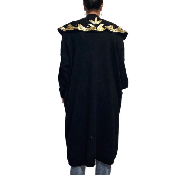 Black Long Line Gold Trim Open Front Vintage Cardigan Sz O/S - Picture 11 of 13